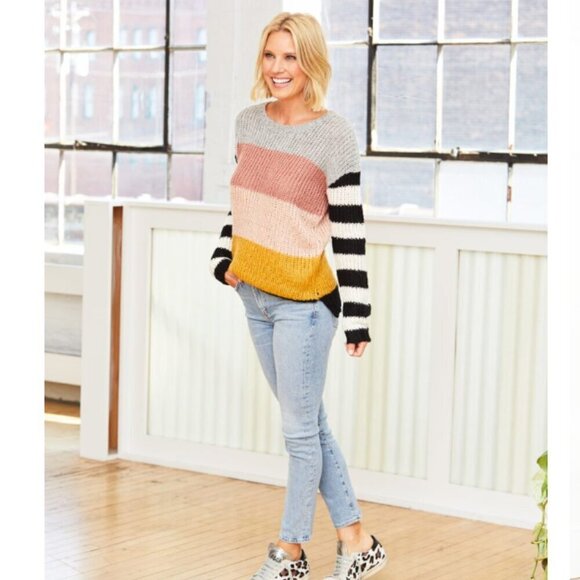 JOHN + JENN (XS) Keeley Colorful Multi Stripe Crew Oversize Sweater Evereve NWT - Picture 1 of 8